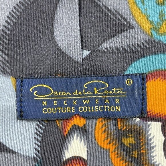 Vintage Oscar de la Renta Couture Collection Abstract Blue Brown Tie 100% Silk - Picture 3 of 5
